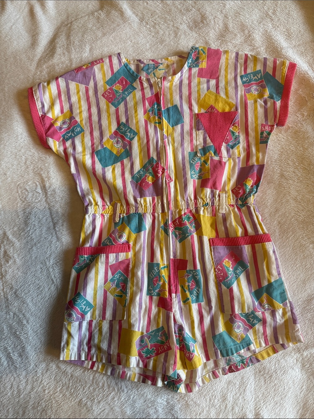 Vintage Colorful Striped Summer Romper with Pocket Accents, Beach Theme